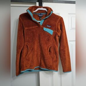 Patagonia Orange Fleece Pullover with Teal Accents